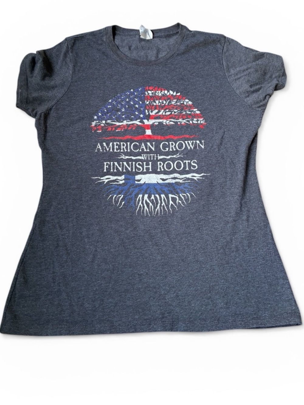 EUC Port and Co Tee with American Flag & Finnish Roots Graphi